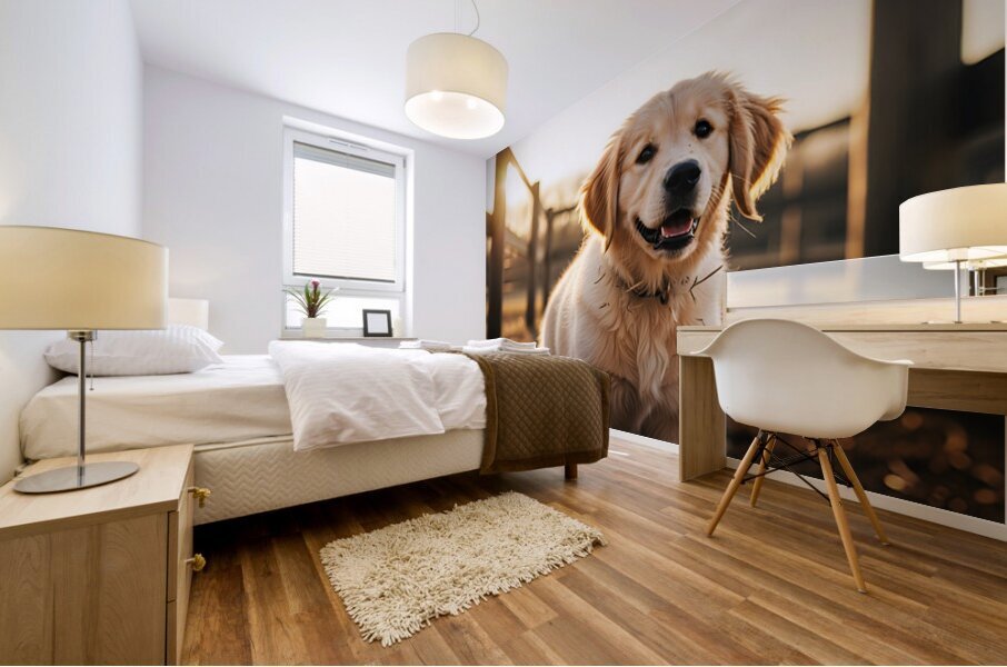 Golden Retriever Puppy Discovers Farm Haystack Adventure Mural print