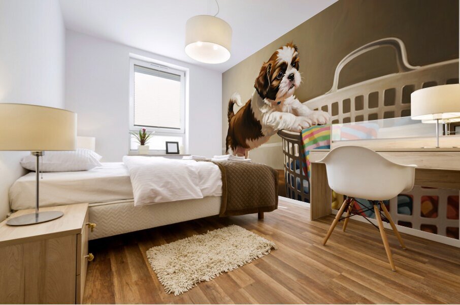 Shih Tzu Puppy Spots Tempting Sock In Laundry Basket Impression murale