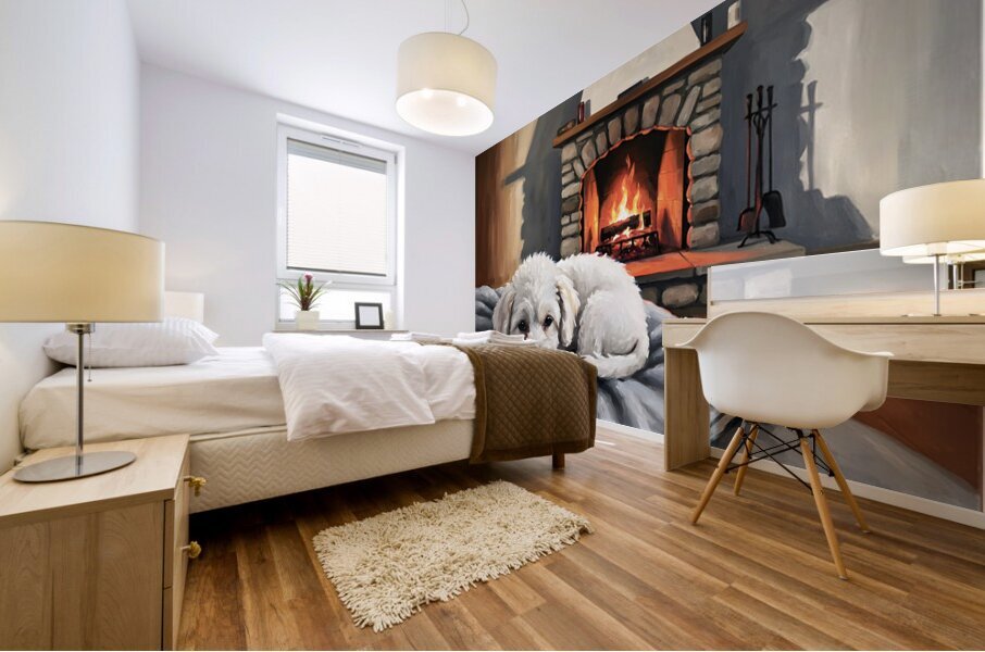 Bichon Frise Puppy Dreams By The Fireplace Impression murale