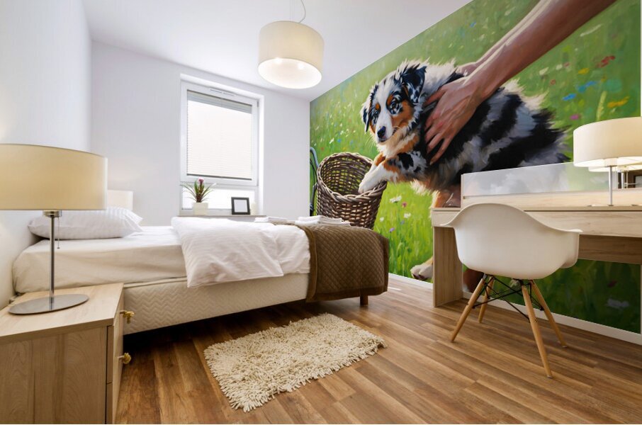 Australian Shepherd Puppy Discovers Bicycle Basket Adventure Impression murale