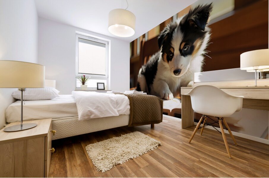 Playful Border Collie Puppy Interacts With Book Pages Impression murale