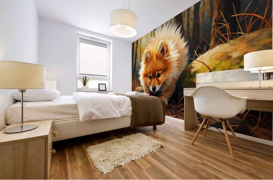 Pomeranian Puppy Discovers Pinecone In Forest Mural print