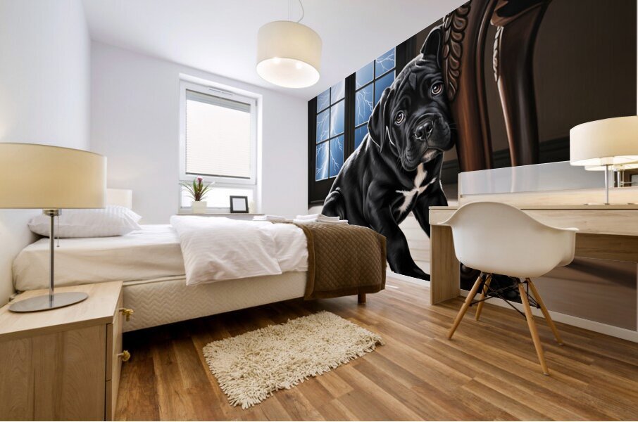 Cane Corso Puppy Seeks Shelter Under Table Impression murale