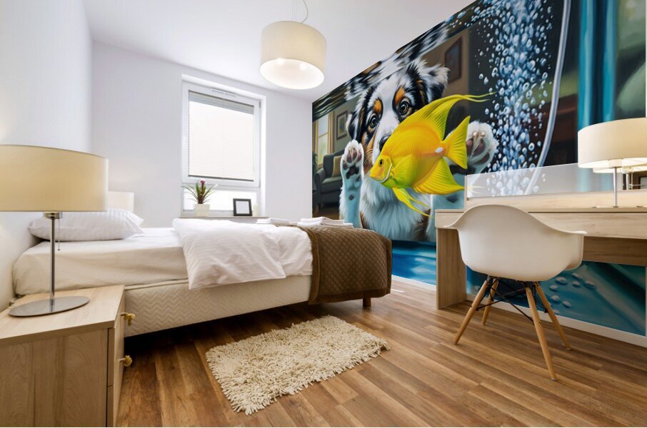 Australian Shepherd Puppy Discovers Amazing Fish Tank Mural print
