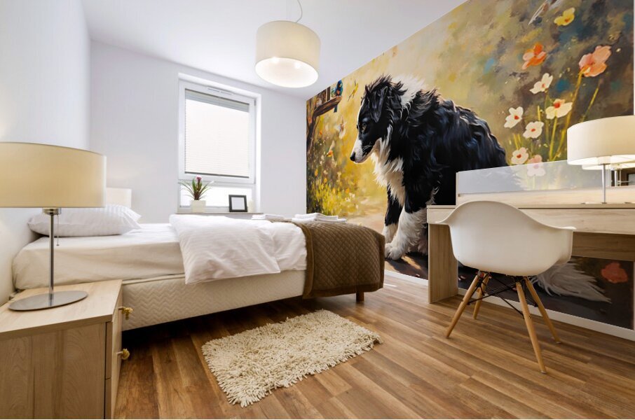 Content Border Collie Puppy Enjoys Watching Birds From Garden Below Mural print