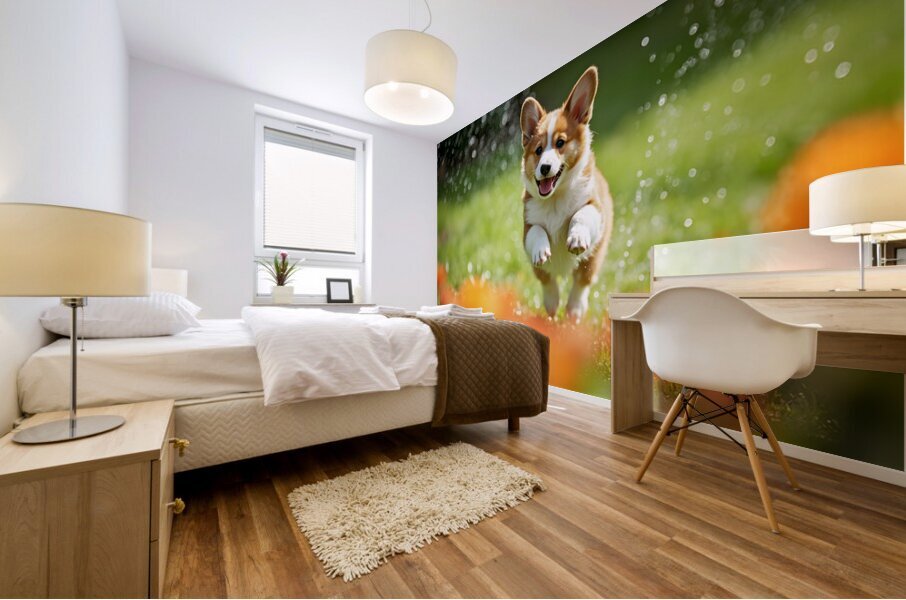 Corgi Puppy Discovers The Magical Water Fountain Mural print