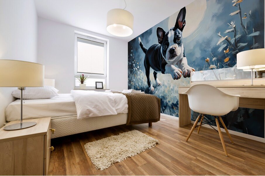 Boston Terrier Puppy Discovers Mysterious Nighttime Shadows Mural print