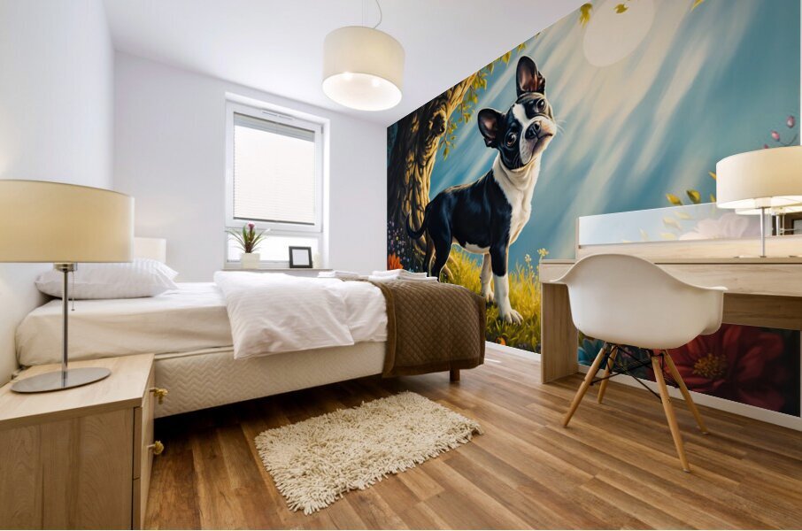 Sleepy Boston Terrier Puppy Rests After Shadow Adventure Impression murale