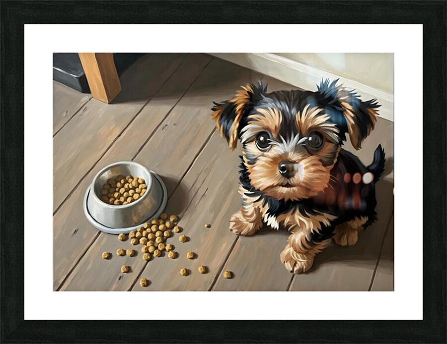 Brown Yorkshire Terrier Puppy With Overturned Food Bowl Impression et Cadre photo