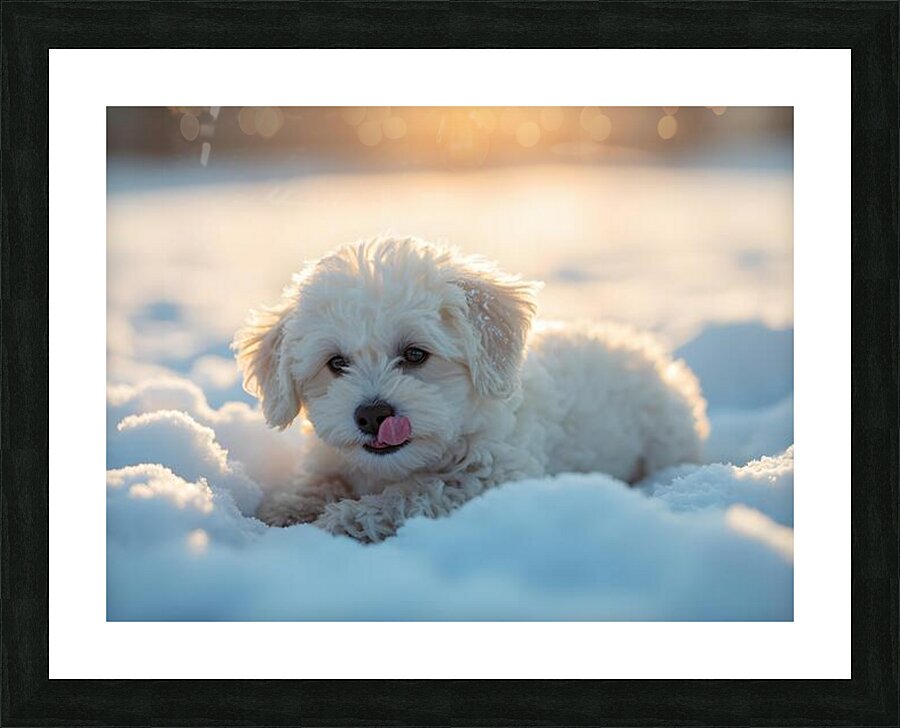 Content White Bichon Frise Puppy Resting After Snow Play Session Impression et Cadre photo