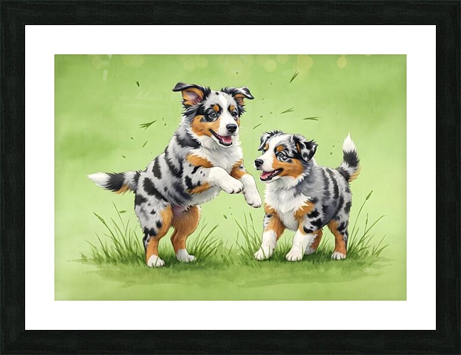 Blue Merle Australian Shepherd Puppies Playing Together Picture Frame print