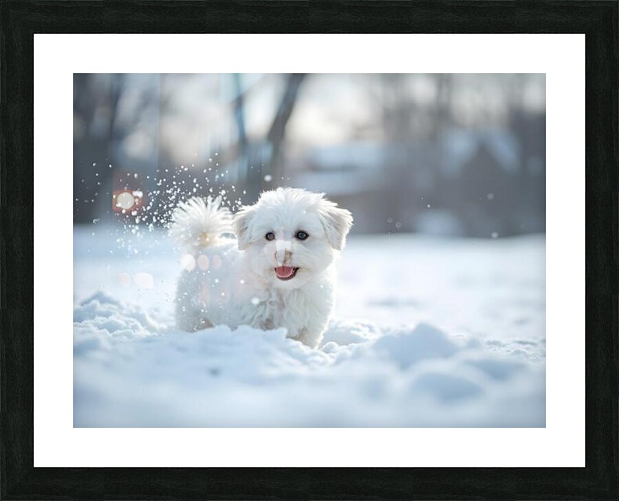 White Bichon Frise Puppy Discovers Fresh Snow In Winter Yard Impression et Cadre photo