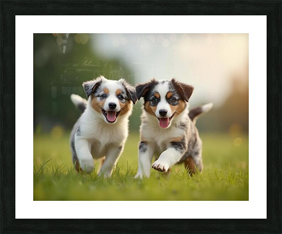Blue Merle Australian Shepherd Puppies Playing Together In Tall Grass Impression et Cadre photo