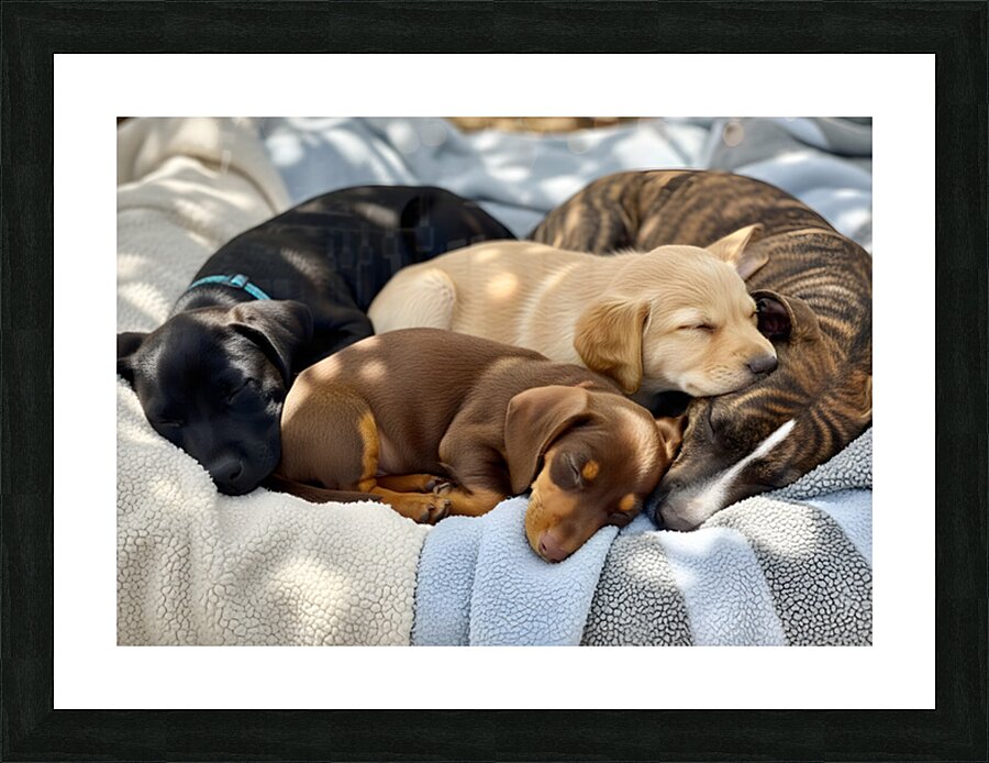 Sleepy Brown Dachshund Puppy Cuddling With Tired Siblings Impression et Cadre photo