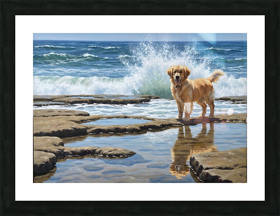 Golden Retriever Puppy Discovers Tide Pools Picture Frame print