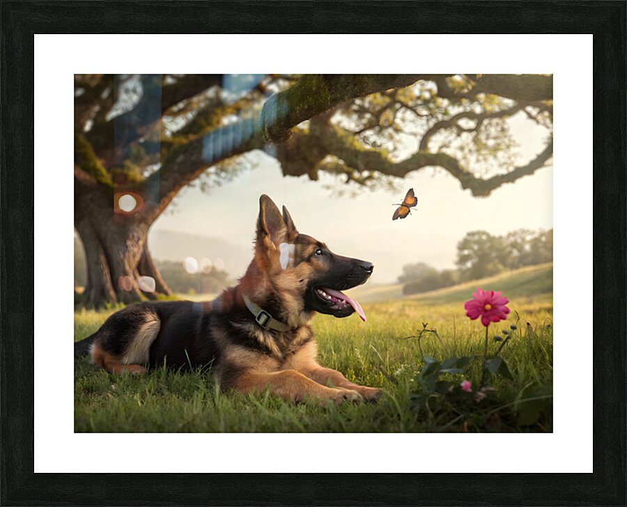 German Shepherd Puppy Resting Watches Butterfly Picture Frame print