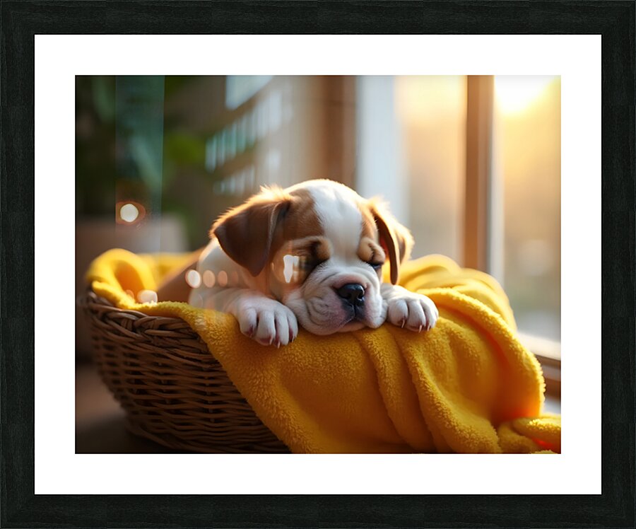 Bulldog Puppy Sleeps Peacefully In Wicker Basket Picture Frame print