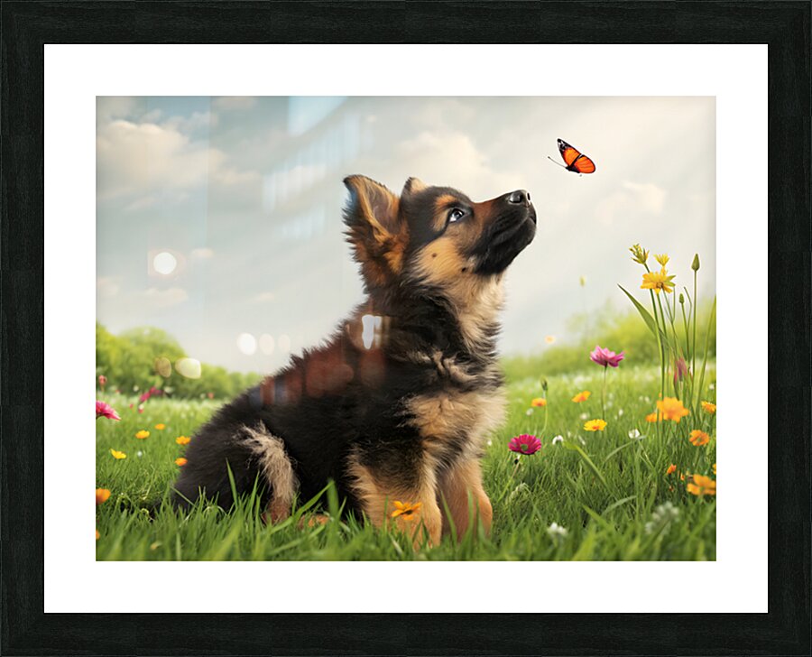 German Shepherd Puppy Discovers Butterfly In Meadow Picture Frame print