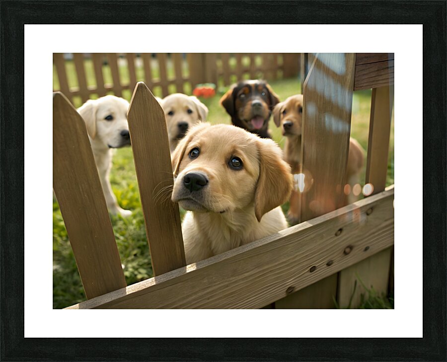 Curious Labrador Retriever Puppy Gazing Through Fence With Friends Picture Frame print
