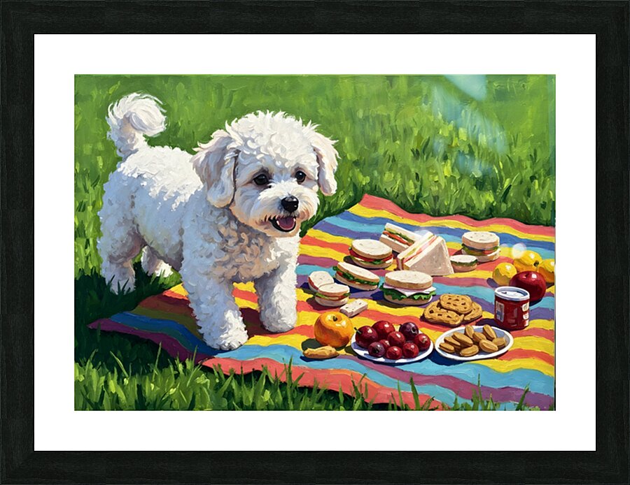 Bichon Frise Puppy Discovers Picnic Spread Impression et Cadre photo