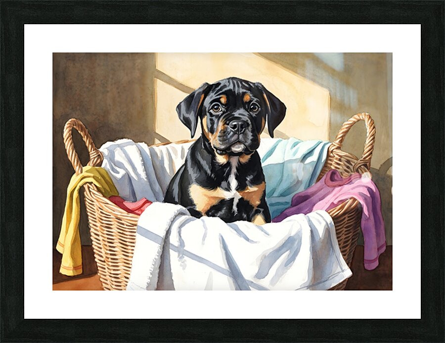 Puppy Cane Corso Discovers Cozy Laundry Basket Picture Frame print