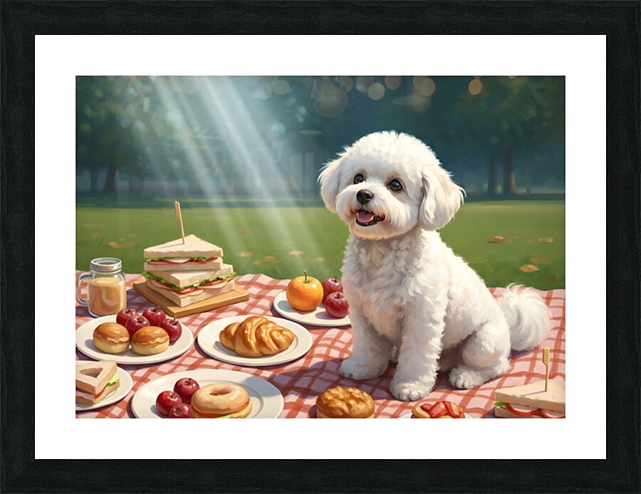 Patient Bichon Frise Waits For Picnic Treats Picture Frame print