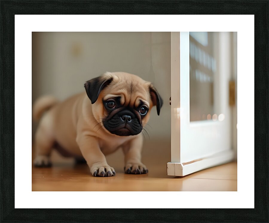 Pug Puppy Discovers The Pet Door Picture Frame print