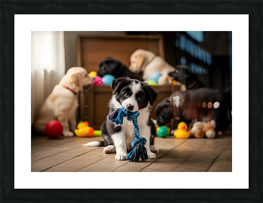 Border Collie Puppy Enjoys Playing With New Rope Toy Picture Frame print