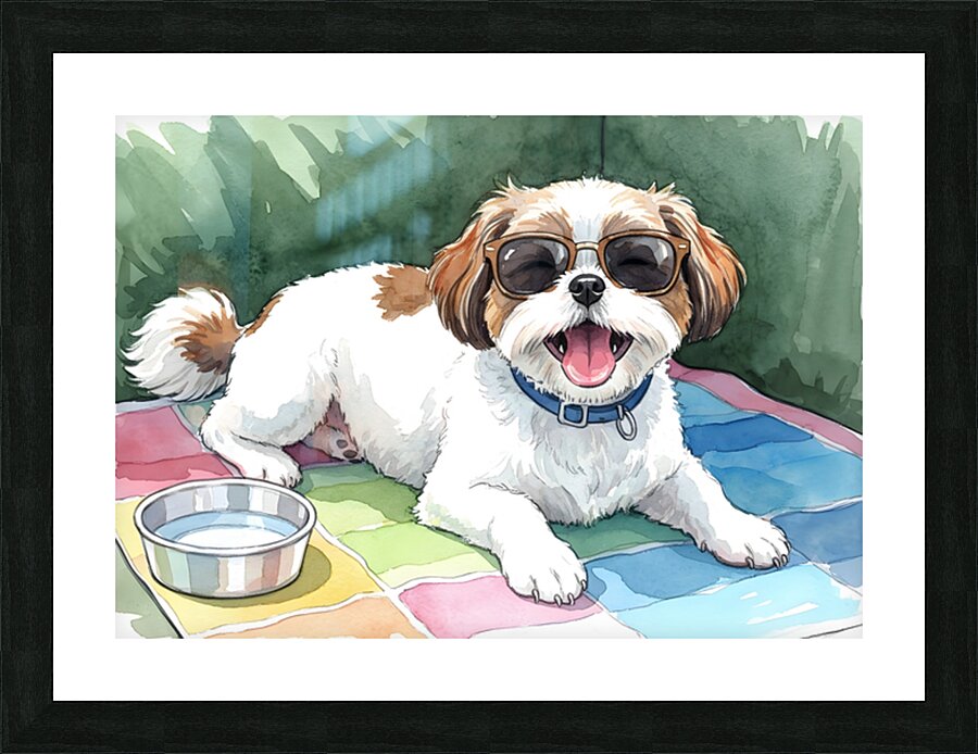 Tired Shih Tzu Puppy Rests After Beach Day With Sunglasses Picture Frame print