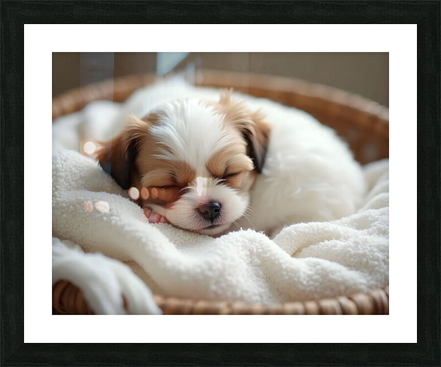 Peaceful Shih Tzu Puppy Sleeps In Cream Towels Picture Frame print