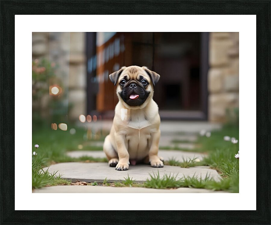 Tan and black Pug puppy with a wrinkled face sits proudly on a stone patio Picture Frame print