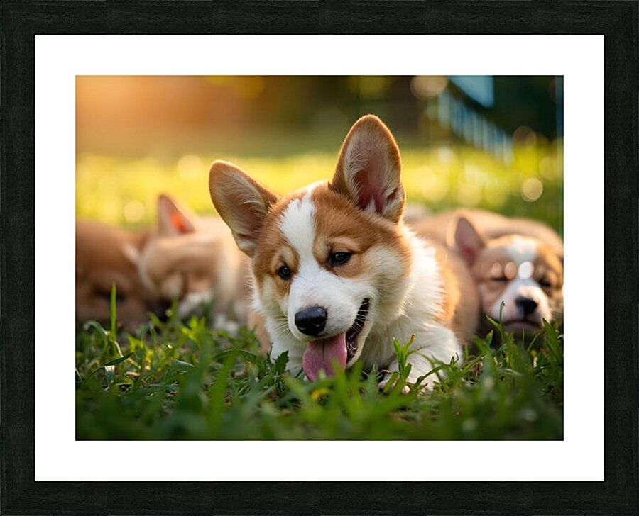 Tired Pembroke Welsh Corgi Puppy Resting After Playing With Siblings Impression et Cadre photo