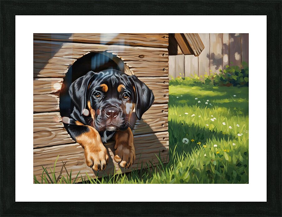 Curious Cane Corso Puppy Peeks From Doghouse Picture Frame print