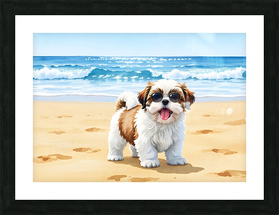 Shih Tzu Puppys First Beach Adventure With Cool Sunglasses Picture Frame print