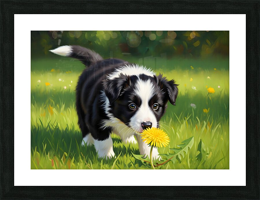 Border Collie Puppy Discovers Yellow Dandelion Picture Frame print
