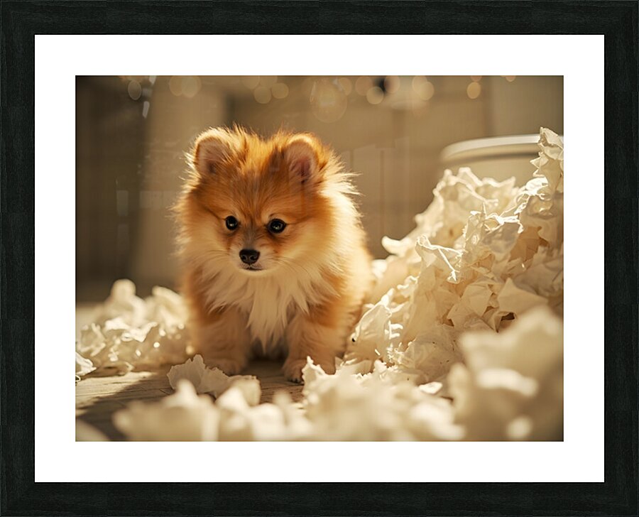 Guilty Pomeranian Puppy After Making Paper Mess Picture Frame print