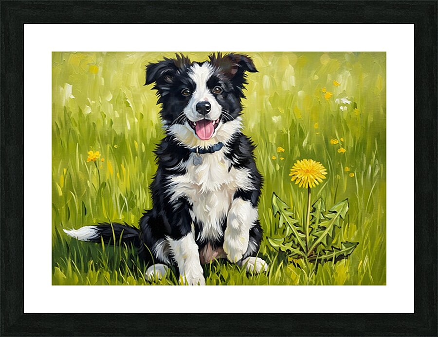 Happy Border Collie Puppy After Dandelion Discovery Picture Frame print
