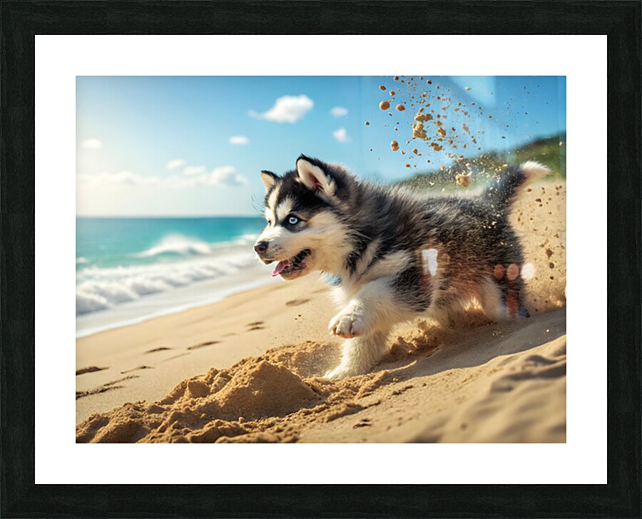 Siberian Husky Puppy Discovers Sandy Beach Fun Picture Frame print