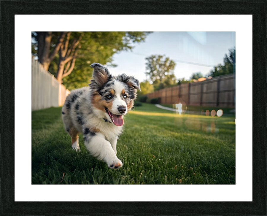 Australian Shepherd Puppy Gets The Zoomies In Backyard Impression et Cadre photo