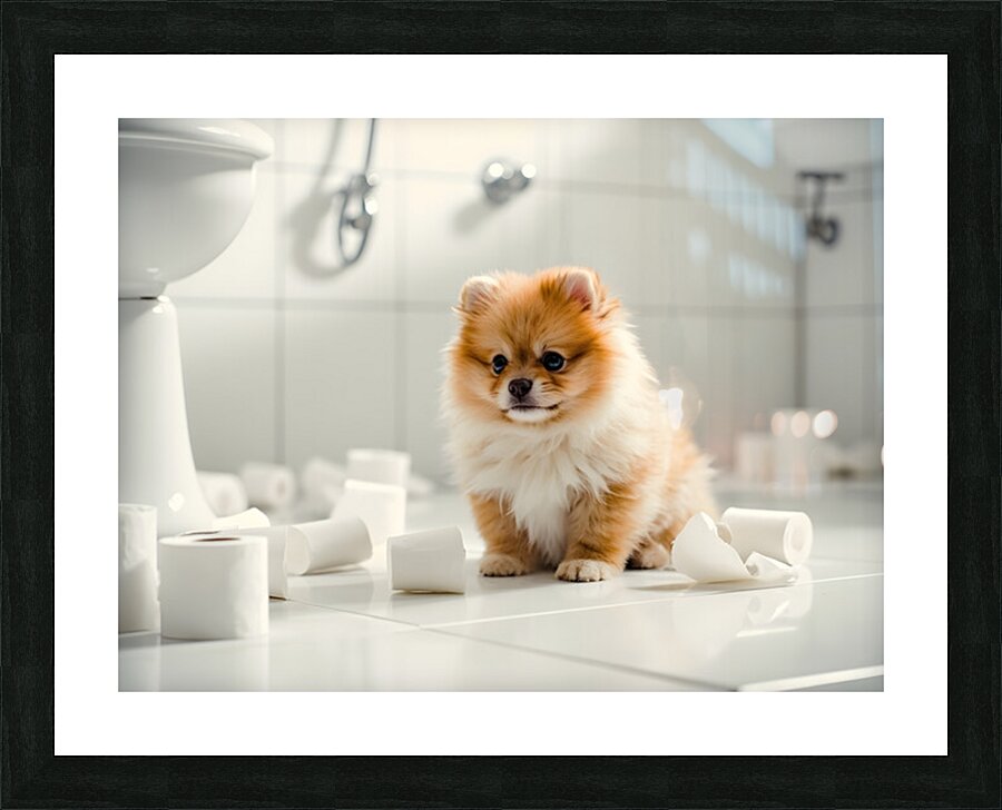 Pomeranian Puppy Discovers Toilet Paper Roll Impression et Cadre photo