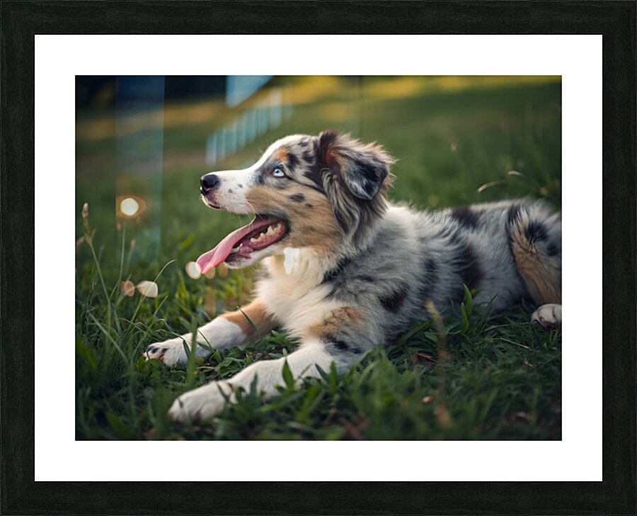 Tired Australian Shepherd Puppy Rests After Zoomies Impression et Cadre photo