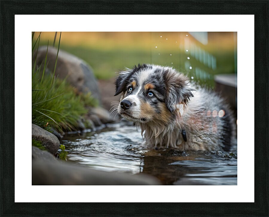 Australian Shepherd Puppy Emerges From Pond Water Impression et Cadre photo