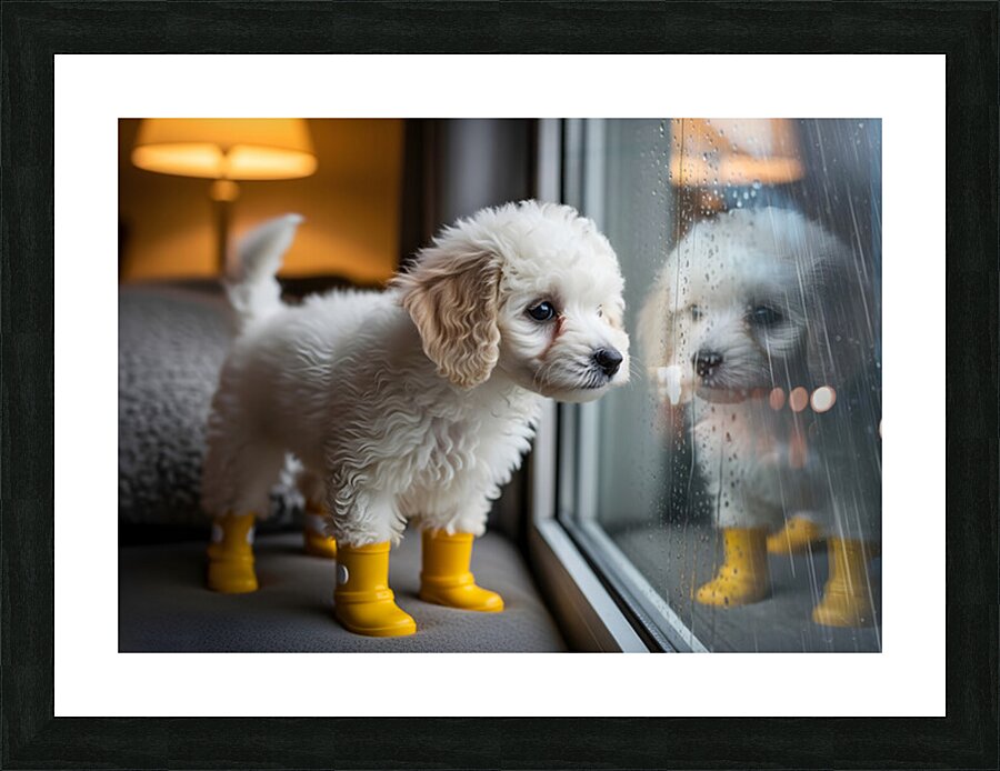 Poodle Puppy Discovers Rainy Day Adventure Picture Frame print