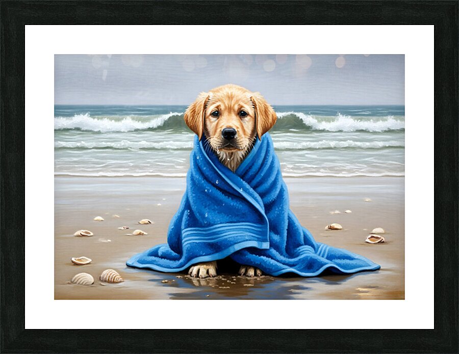 Shivering Labrador Puppy Wrapped In Beach Towel Picture Frame print