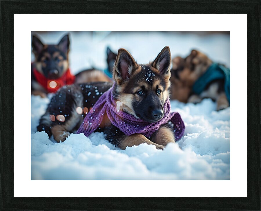 German Shepherd Puppy Rests After Winter Adventure Picture Frame print