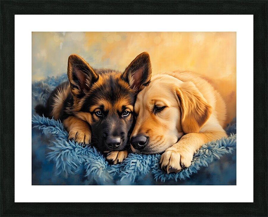 German Shepherd Puppy Snuggles With Golden Friend Impression et Cadre photo