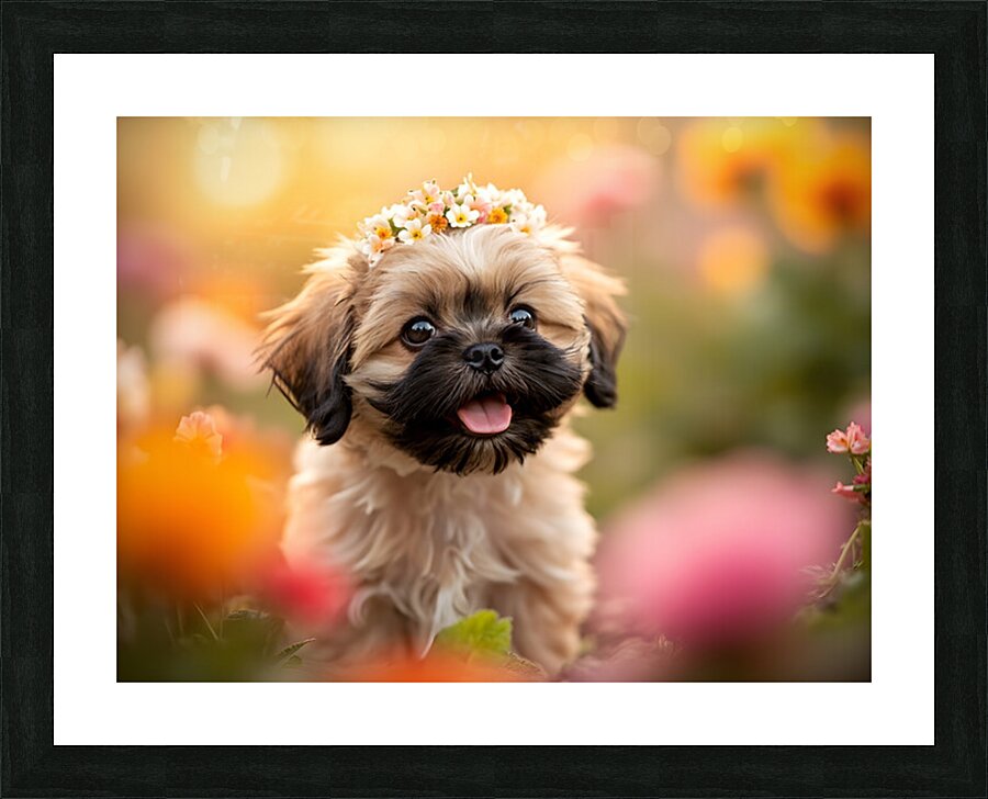 Shih Tzu Puppy Discovers Beautiful Flower Crown Impression et Cadre photo