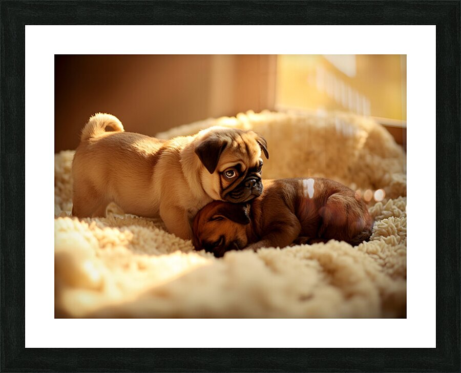 Pug Puppy Gently Wakes Sleeping Friend Picture Frame print