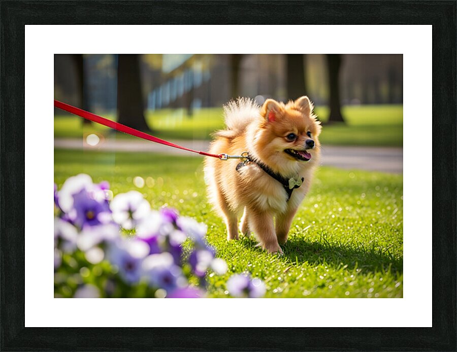 Pomeranian Puppy Masters Leash Walking Happily Picture Frame print