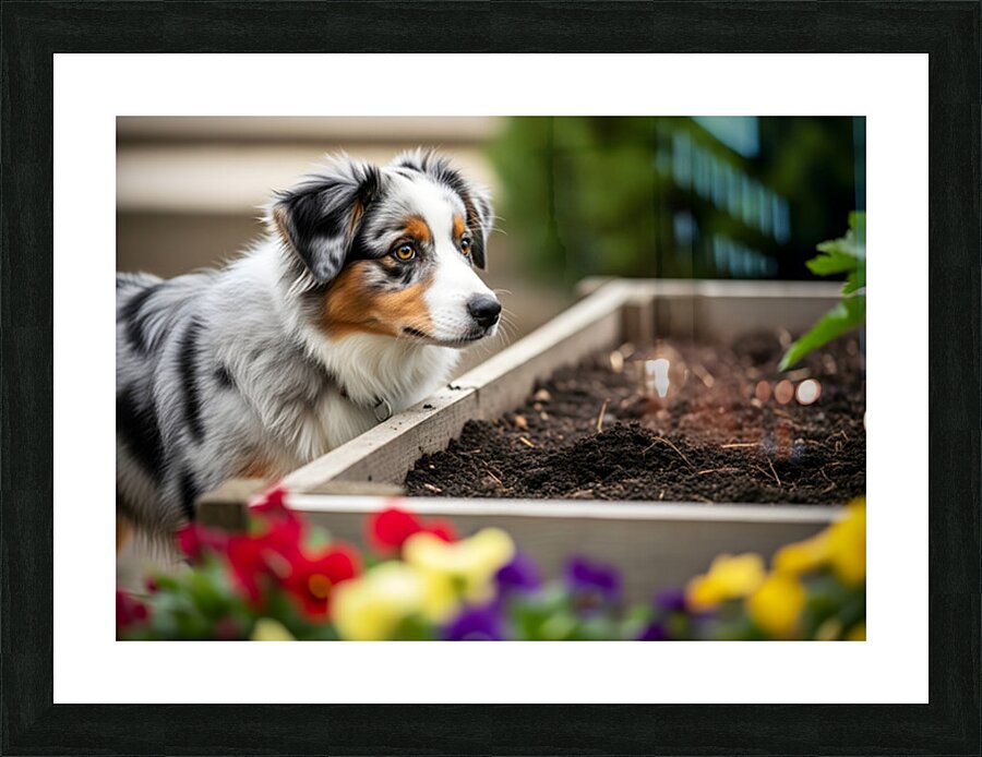 Australian Shepherd Puppy Discovers The Garden Bed Impression et Cadre photo